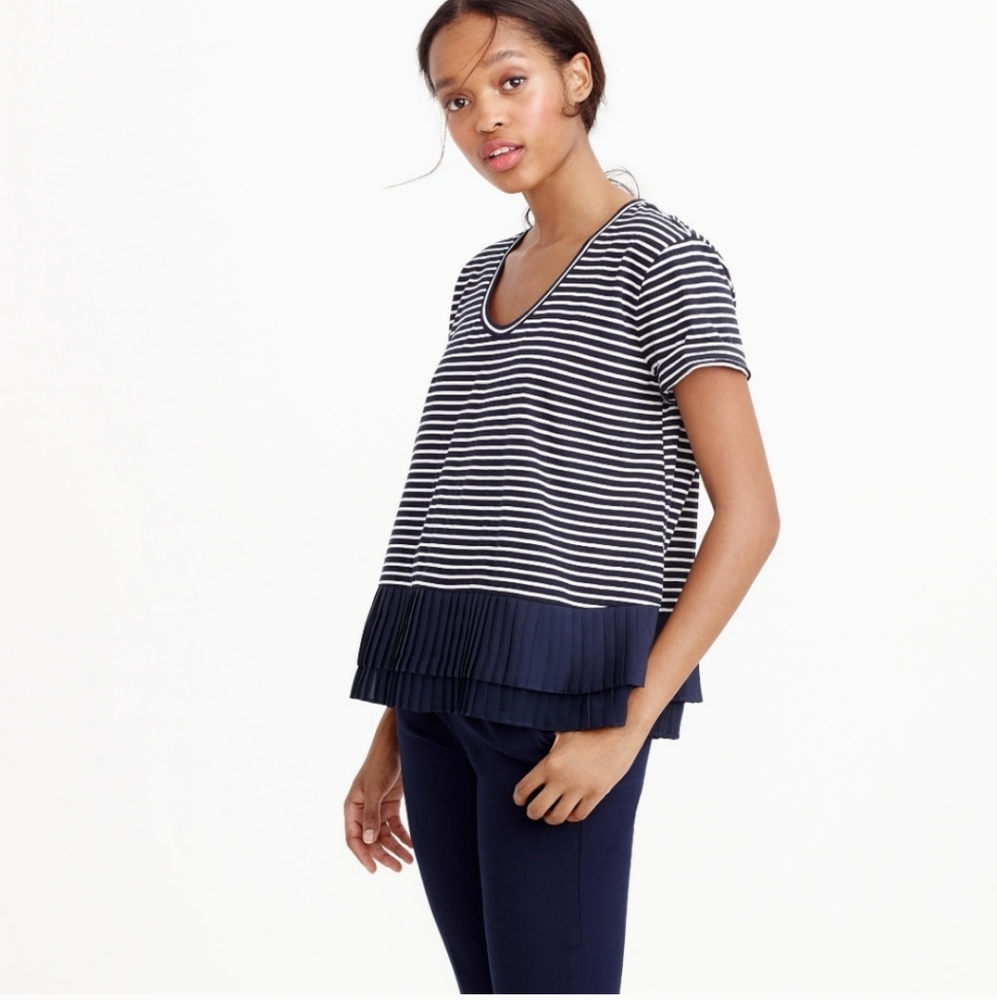 J Crew Pleated Chiffon Navy Striped Shirt Preppy